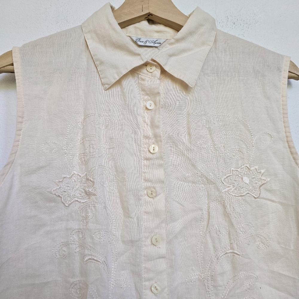 Once & Again 100% Linen Sleeveless Embroidered Button Down Cream Blouse XL - Picture 8 of 15